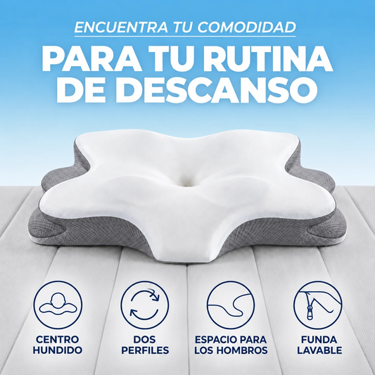 Almohada con superficie blanca y laterales grises; centro hundido y dos perfiles.