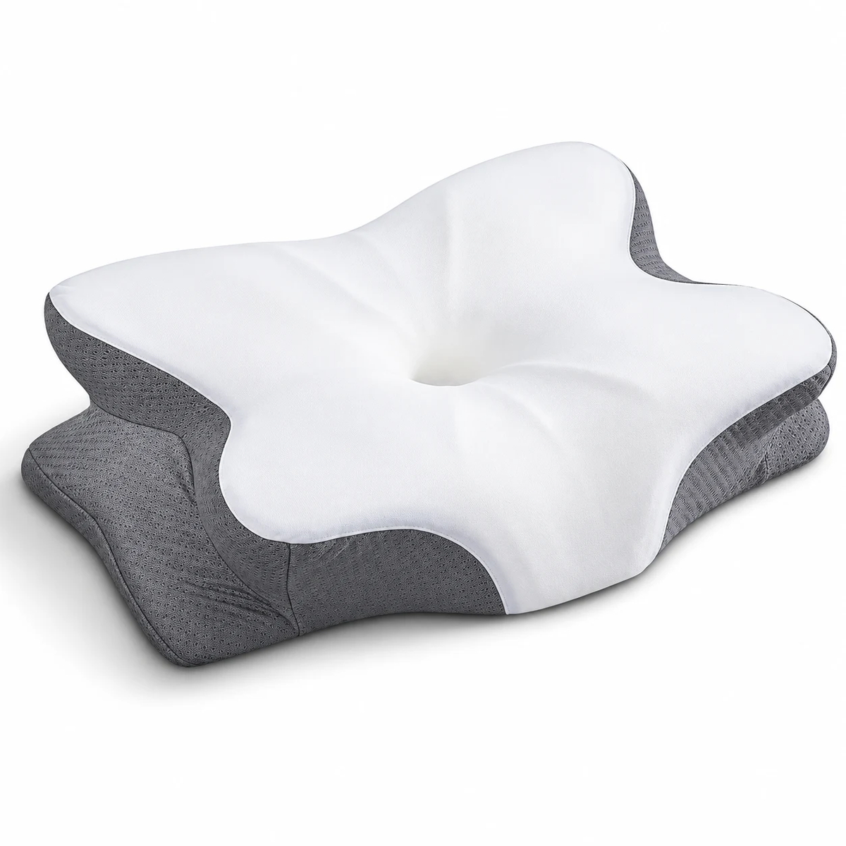 Almohada viscoelástica blanca y gris sobre fondo blanco.