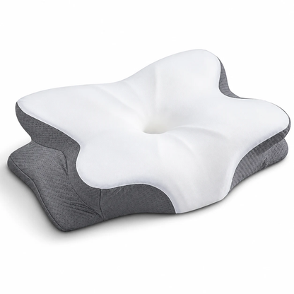 Almohada viscoelástica blanca y gris sobre fondo blanco.