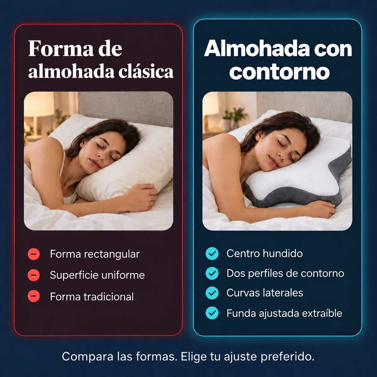 Comparación de formas: almohada rectangular y almohada con contorno.