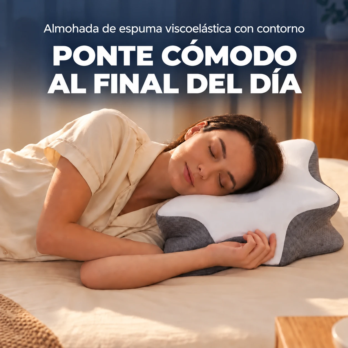 Persona descansando con la almohada blanca y gris; texto en español.