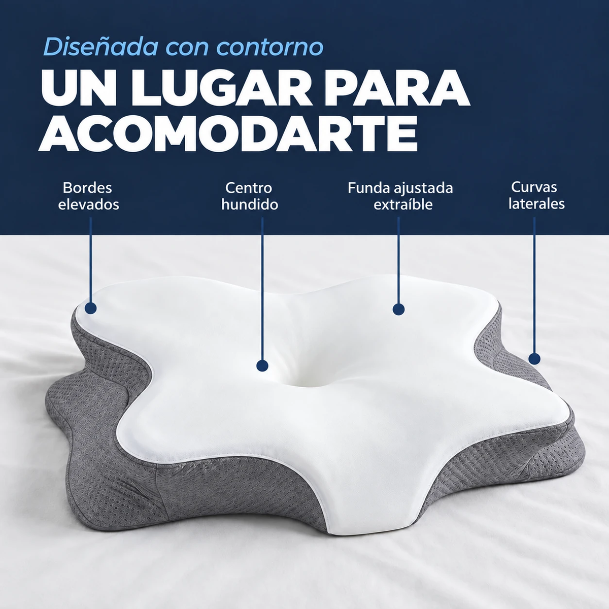 Centro hundido, bordes elevados, funda extraíble y curvas laterales.