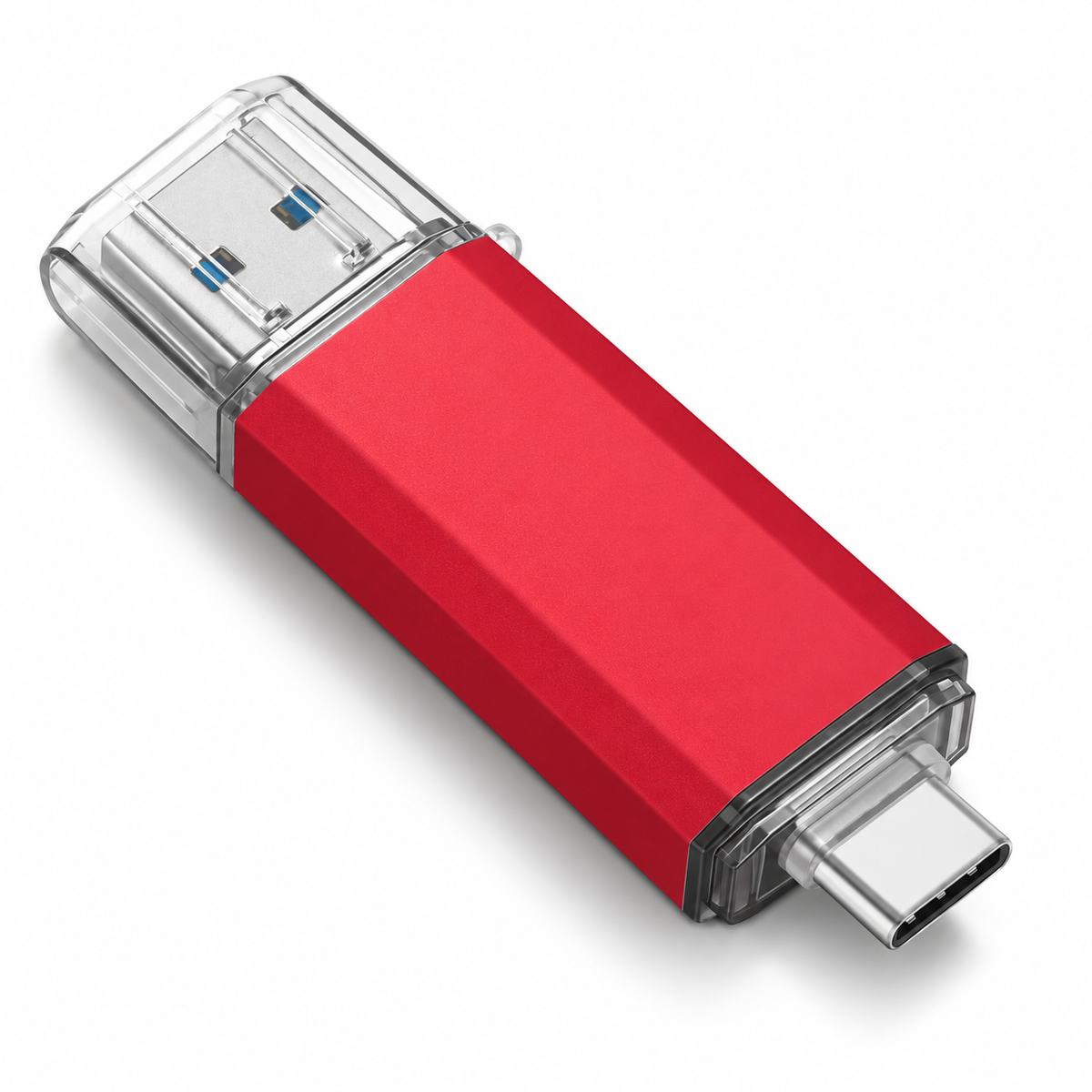 Memoria USB roja con conectores visibles sobre fondo blanco.