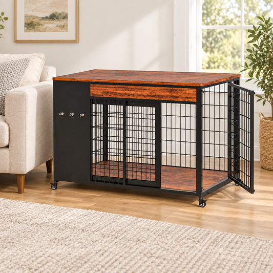Brown furniture-style dog crate in a living room; room decor not included