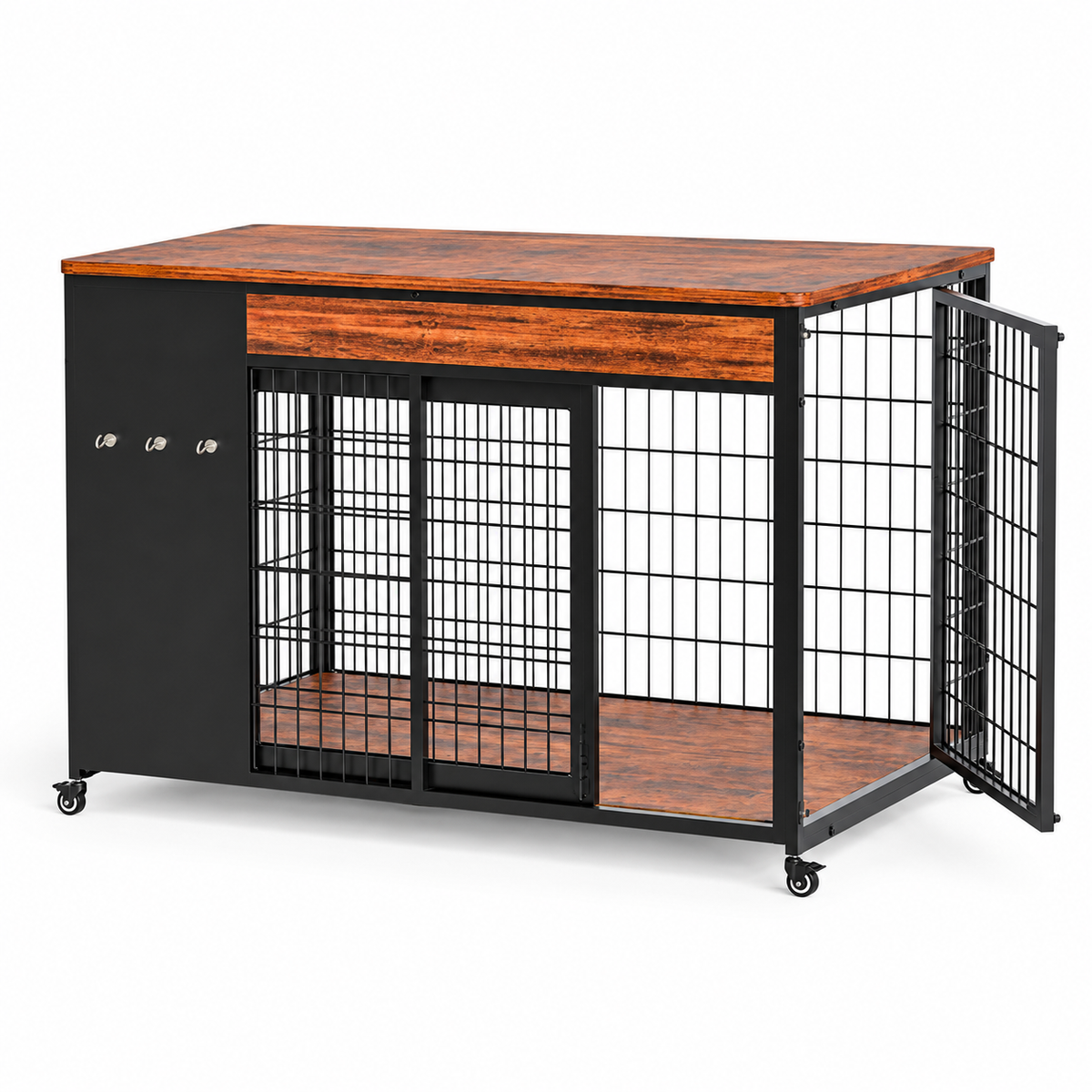 Empty brown dog crate with sliding front doors and hinged side door on white