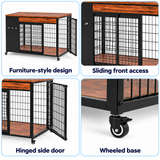 Furniture-style crate, front sliding access, side hinged door and wheeled base