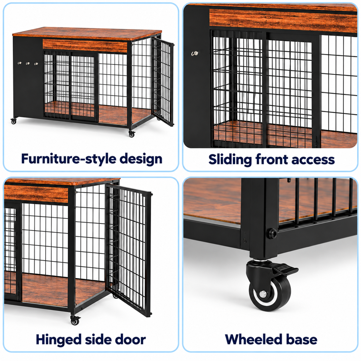 Furniture-style crate, front sliding access, side hinged door and wheeled base