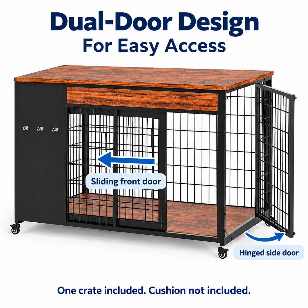 Sliding front and hinged side door illustrated; cushion not included