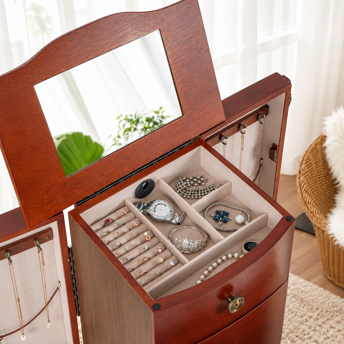 AI-edited close view of divided top storage and ring rolls beneath the mirror; jewelry not included