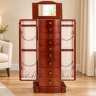 AI-composited Classic Jewelry Armoire in a warm bedroom; room decor not included