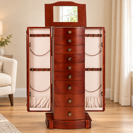 AI-composited Classic Jewelry Armoire in a warm bedroom; room decor not included