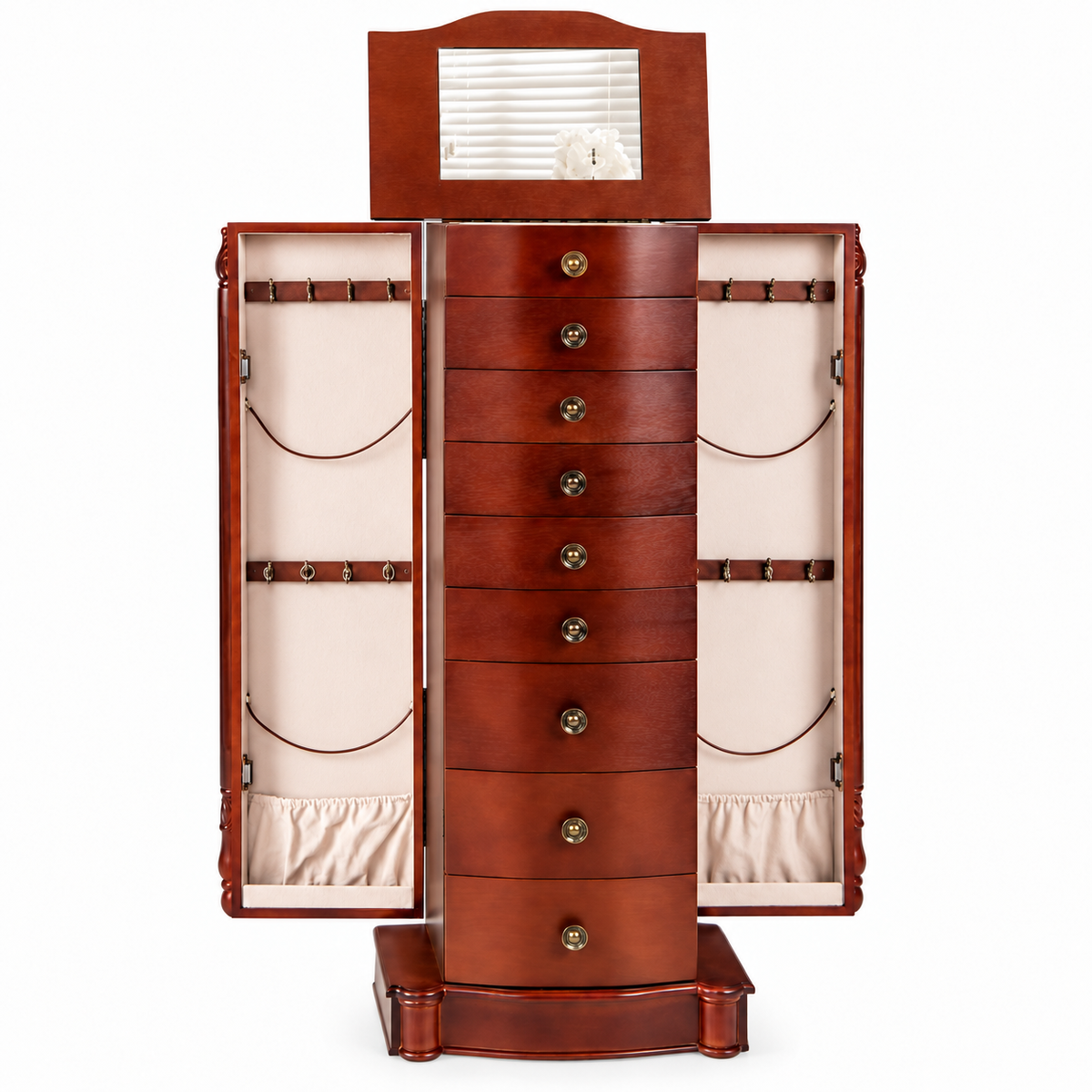 AI-edited packshot of Classic Jewelry Armoire on white with open side doors and mirrored lid