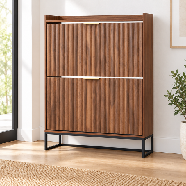 Fluted walnut-look shoe cabinet in a styled entryway; decor not included