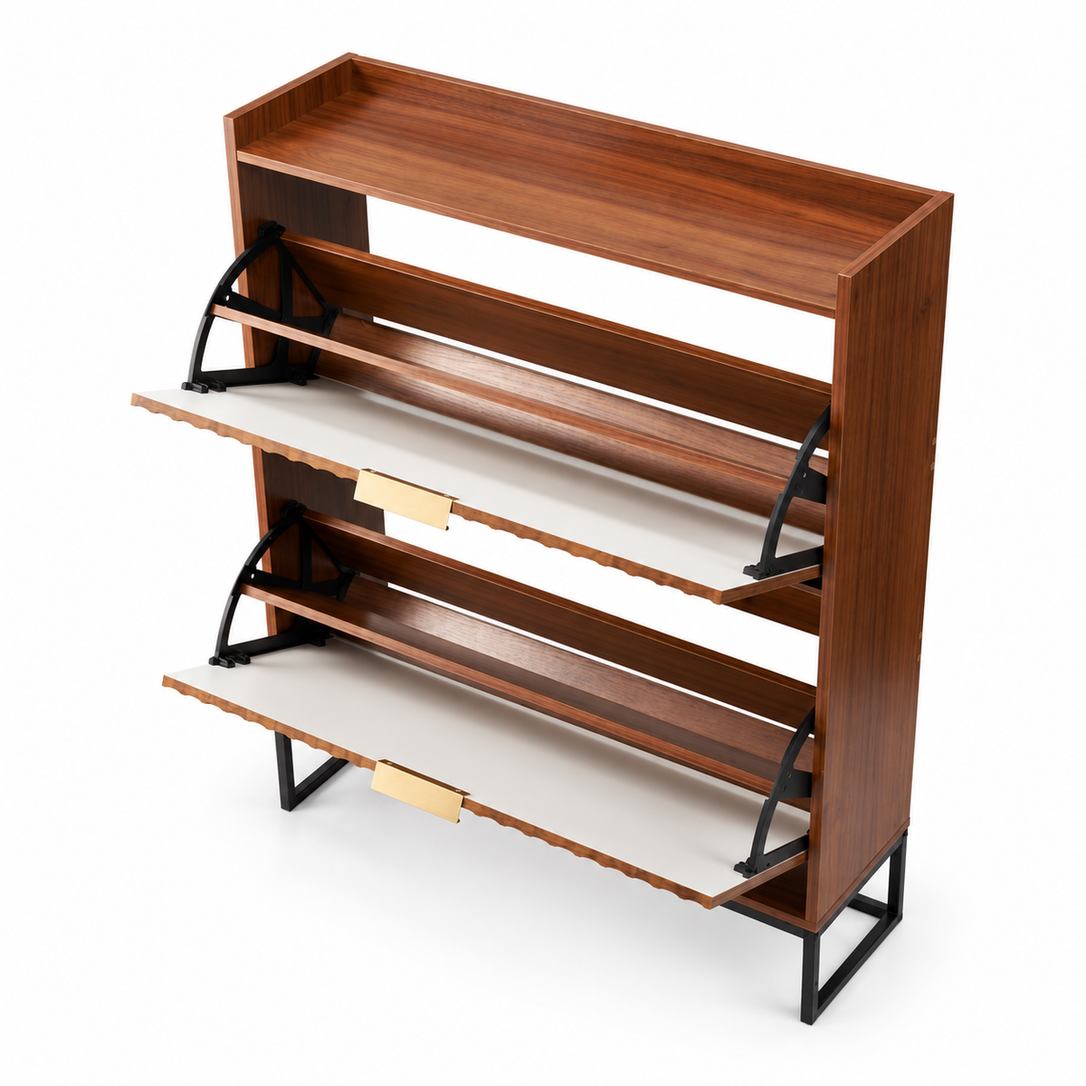 Two-flip-drawer walnut-look shoe cabinet on white