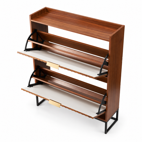 Two-flip-drawer walnut-look shoe cabinet on white