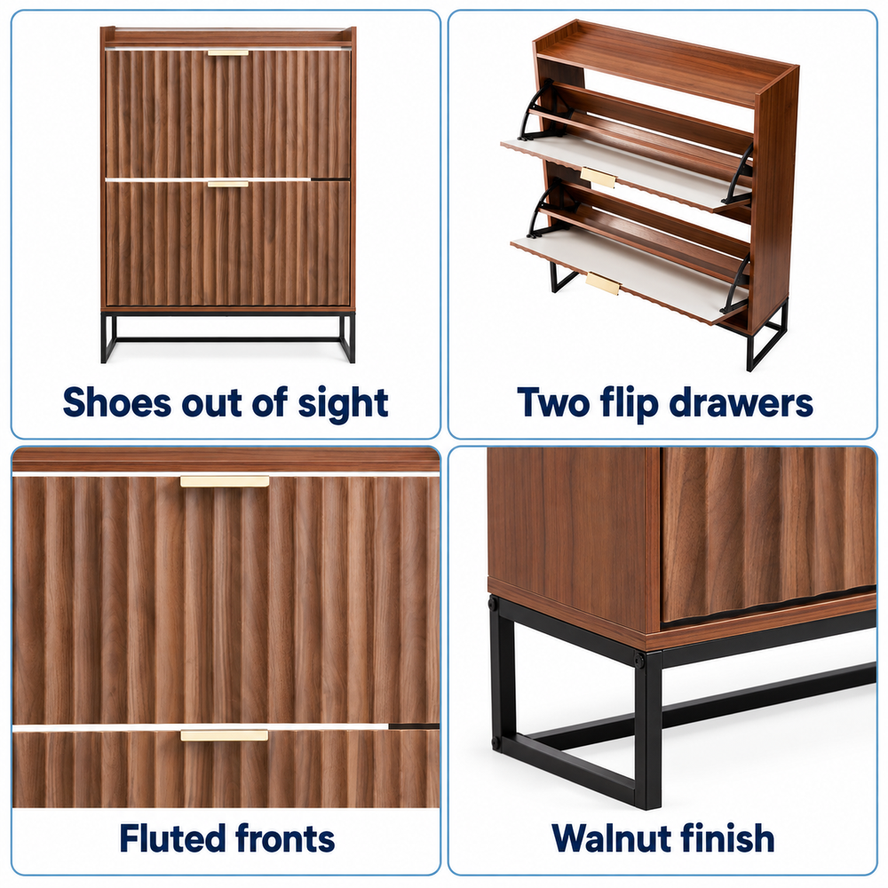 Four illustrated features of the fluted shoe cabinet