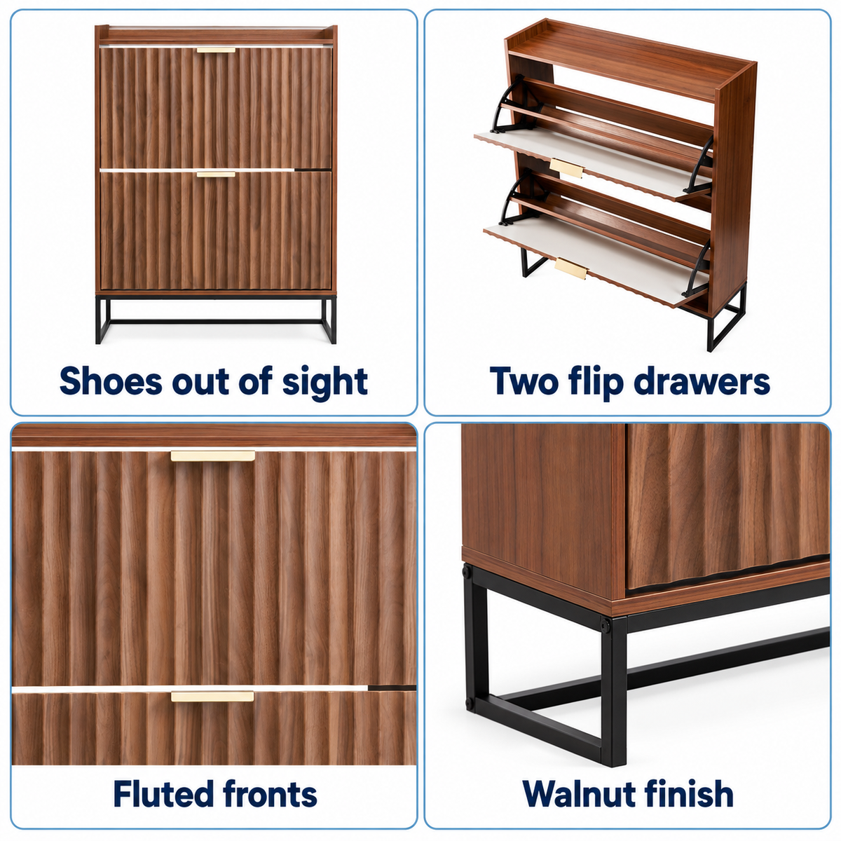 Four illustrated features of the fluted shoe cabinet