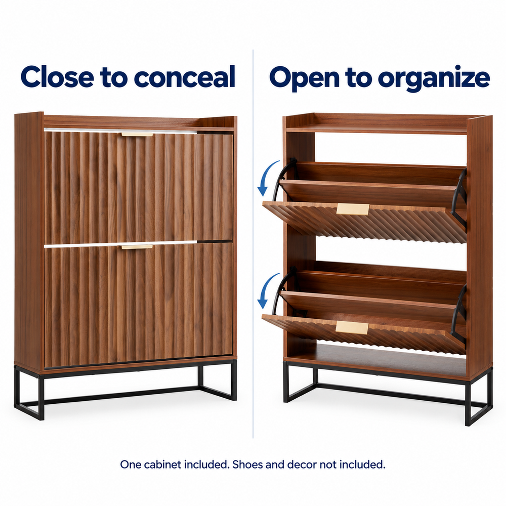 Closed and open flip drawers; shoes and decor not included