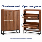 Closed and open flip drawers; shoes and decor not included
