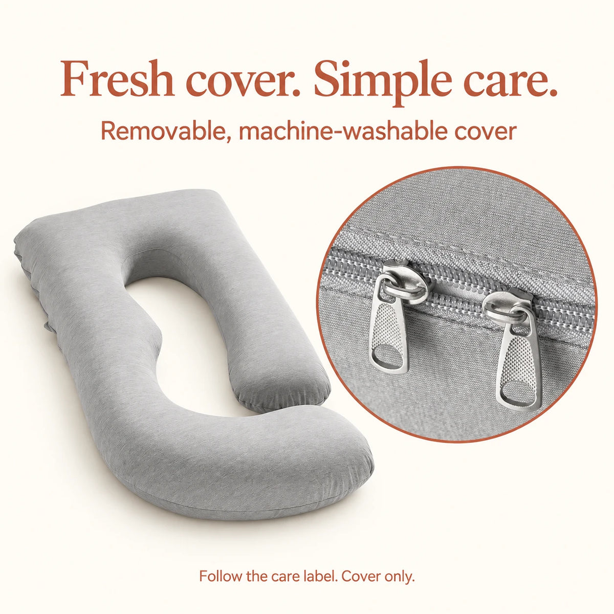 AI-generated cover-care illustration of a gray G-shaped pillow and zip fastening