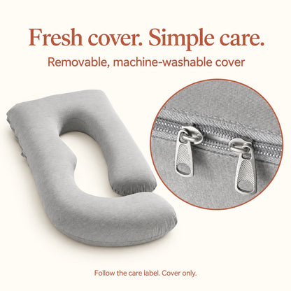 AI-generated cover-care illustration of a gray G-shaped pillow and zip fastening