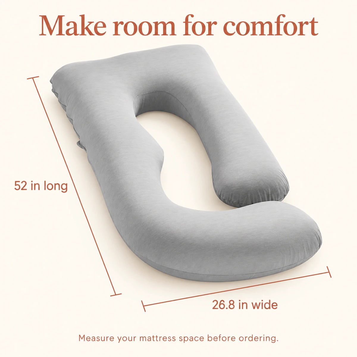 AI-generated dimension illustration of a gray G-shaped pillow, 52 inches long and 26.8 inches wide