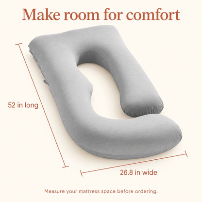 AI-generated dimension illustration of a gray G-shaped pillow, 52 inches long and 26.8 inches wide