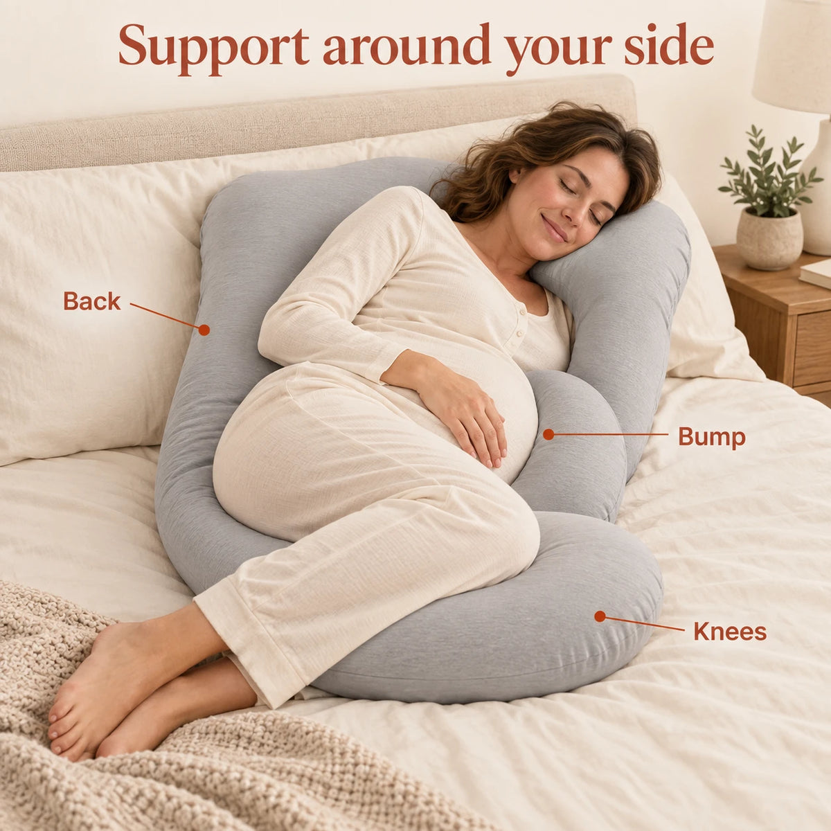 AI-generated placement illustration of a gray G-shaped pillow at the back, bump and knees