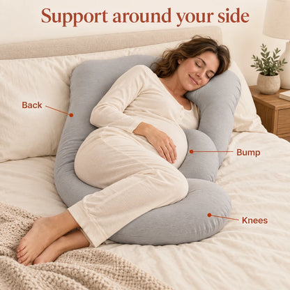 AI-generated placement illustration of a gray G-shaped pillow at the back, bump and knees