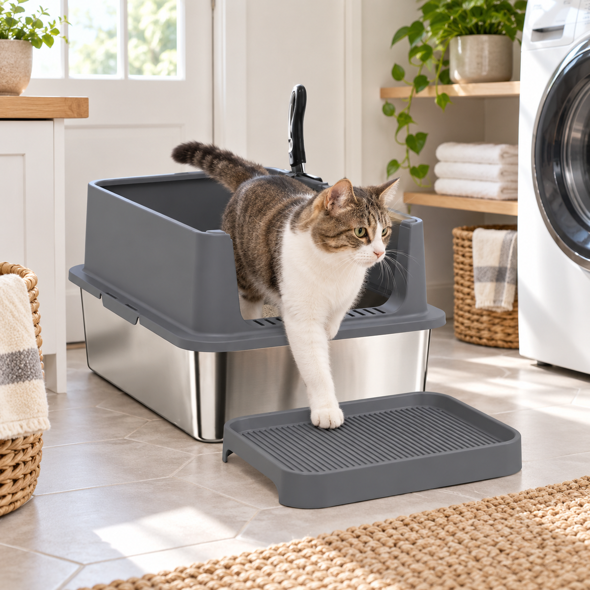 OHMM gallery v2 1 / 1 / lifestyle — 2 PACK XL Stainless Steel Litter Box with Step & Scoops