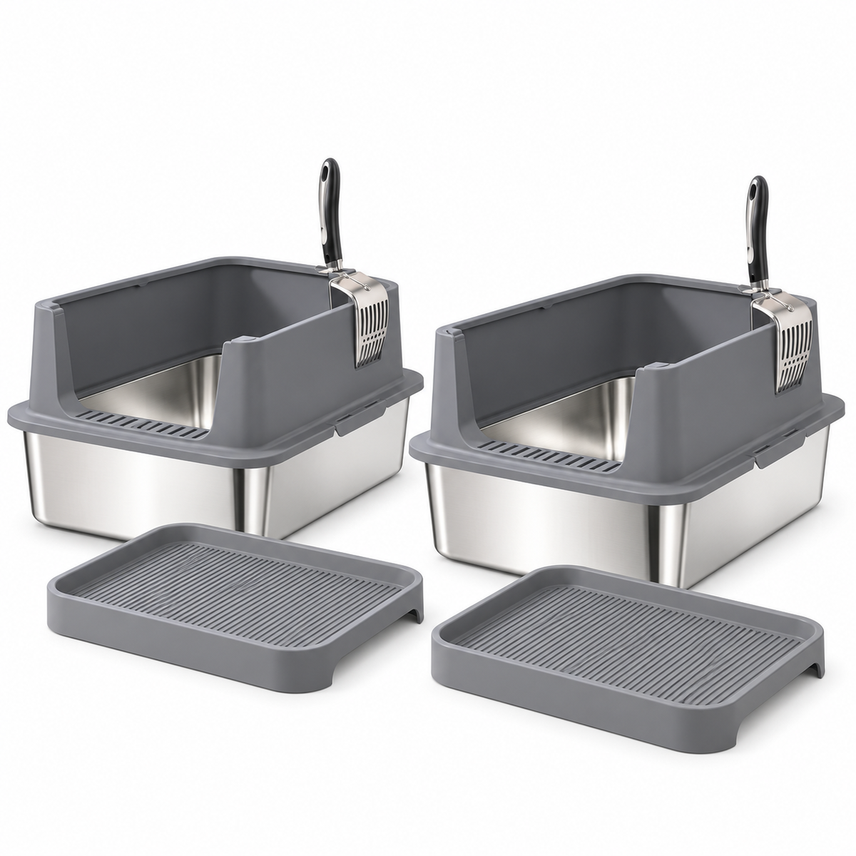 OHMM gallery v2 1 / 2 / white product-only packshot — 2 PACK XL Stainless Steel Litter Box with Step & Scoops