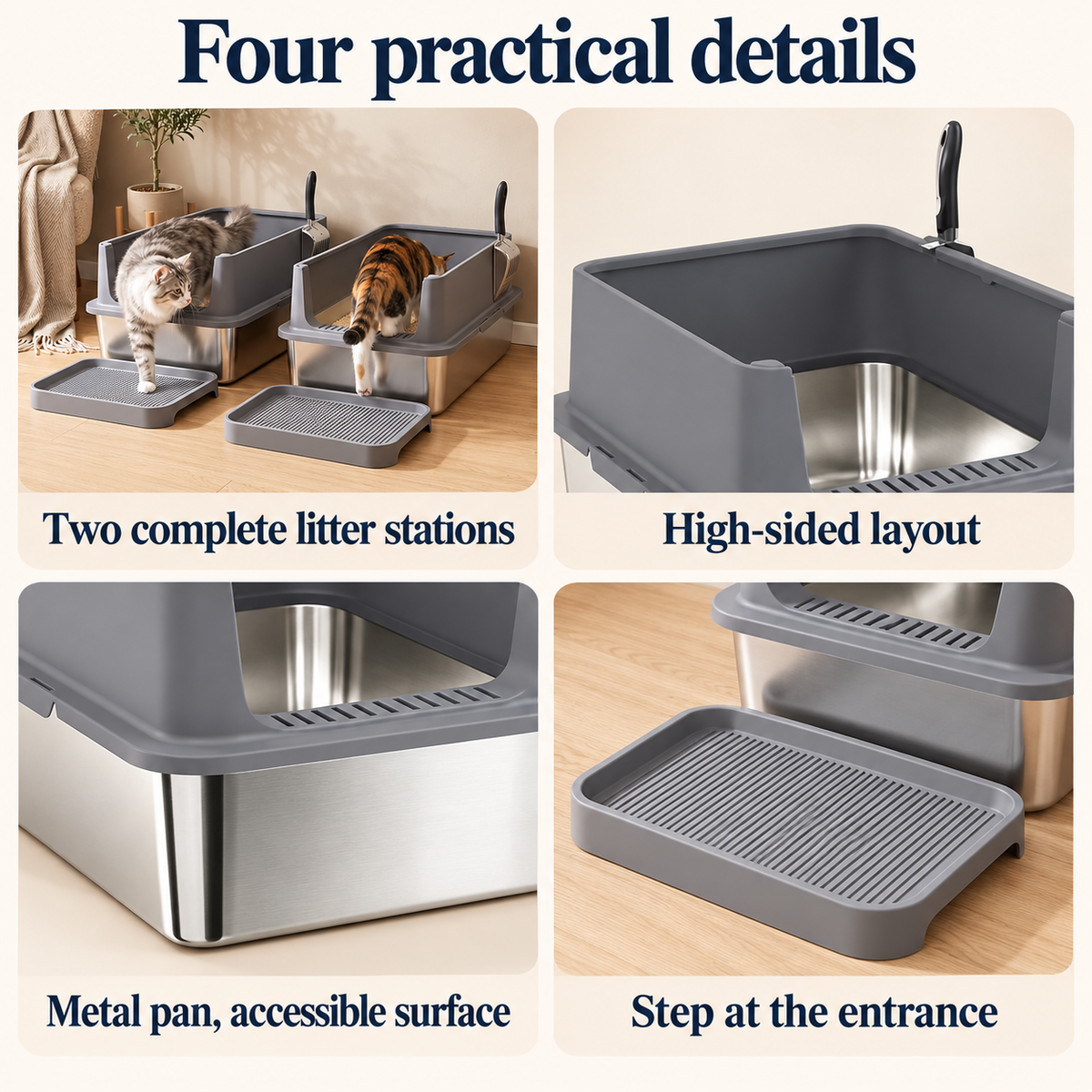 OHMM gallery v2 1 / 3 / four practical details — 2 PACK XL Stainless Steel Litter Box with Step & Scoops