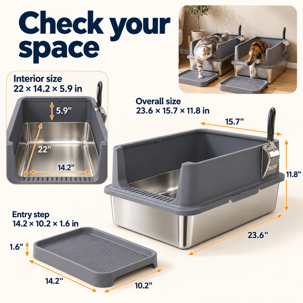 OHMM gallery v2 1 / 4 / fit and details — 2 PACK XL Stainless Steel Litter Box with Step & Scoops