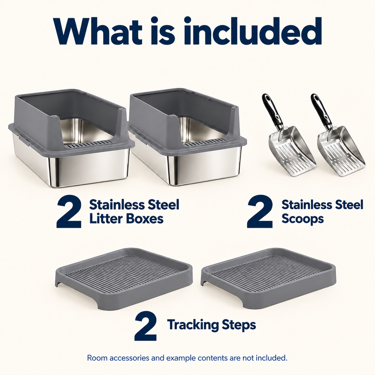 OHMM gallery v2 1 / 5 / package contents — 2 PACK XL Stainless Steel Litter Box with Step & Scoops