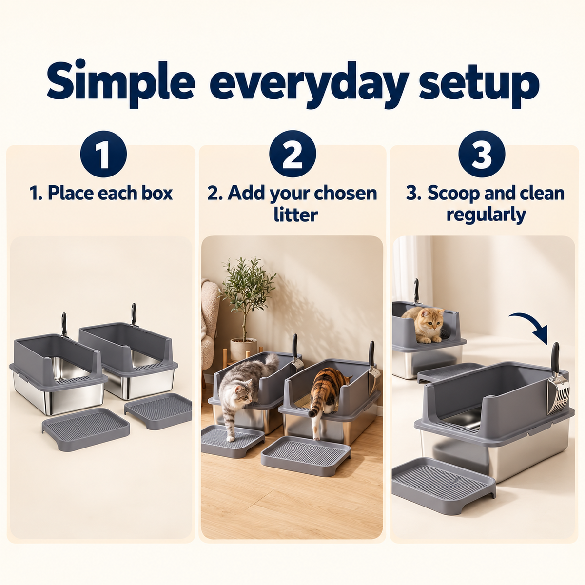 OHMM gallery v2 1 / 6 / everyday setup — 2 PACK XL Stainless Steel Litter Box with Step & Scoops
