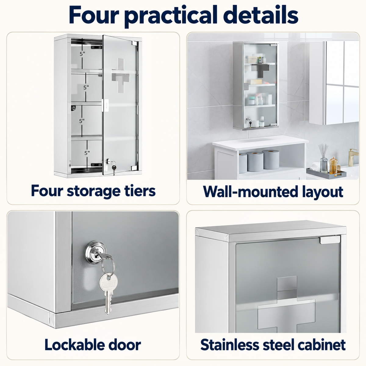 OHMM gallery v2 12 / 3 / four practical details — LOCKABLE MEDICINE Cabinet, 12" x 24", 4 Tier, Stainless Steel
