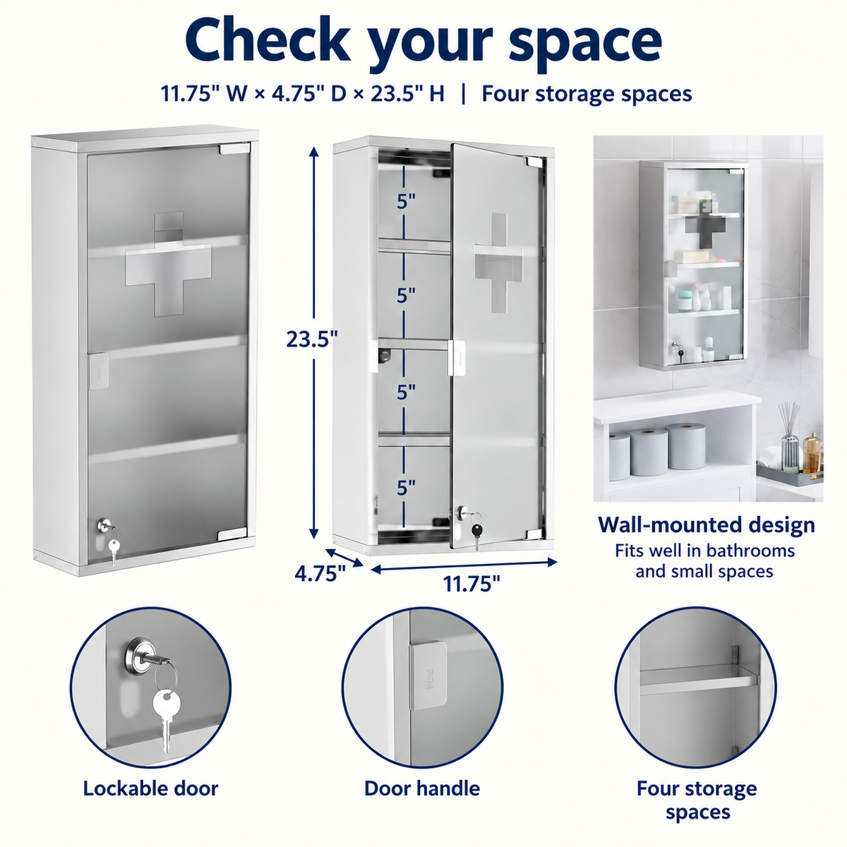 OHMM gallery v2 12 / 4 / fit and details — LOCKABLE MEDICINE Cabinet, 12" x 24", 4 Tier, Stainless Steel