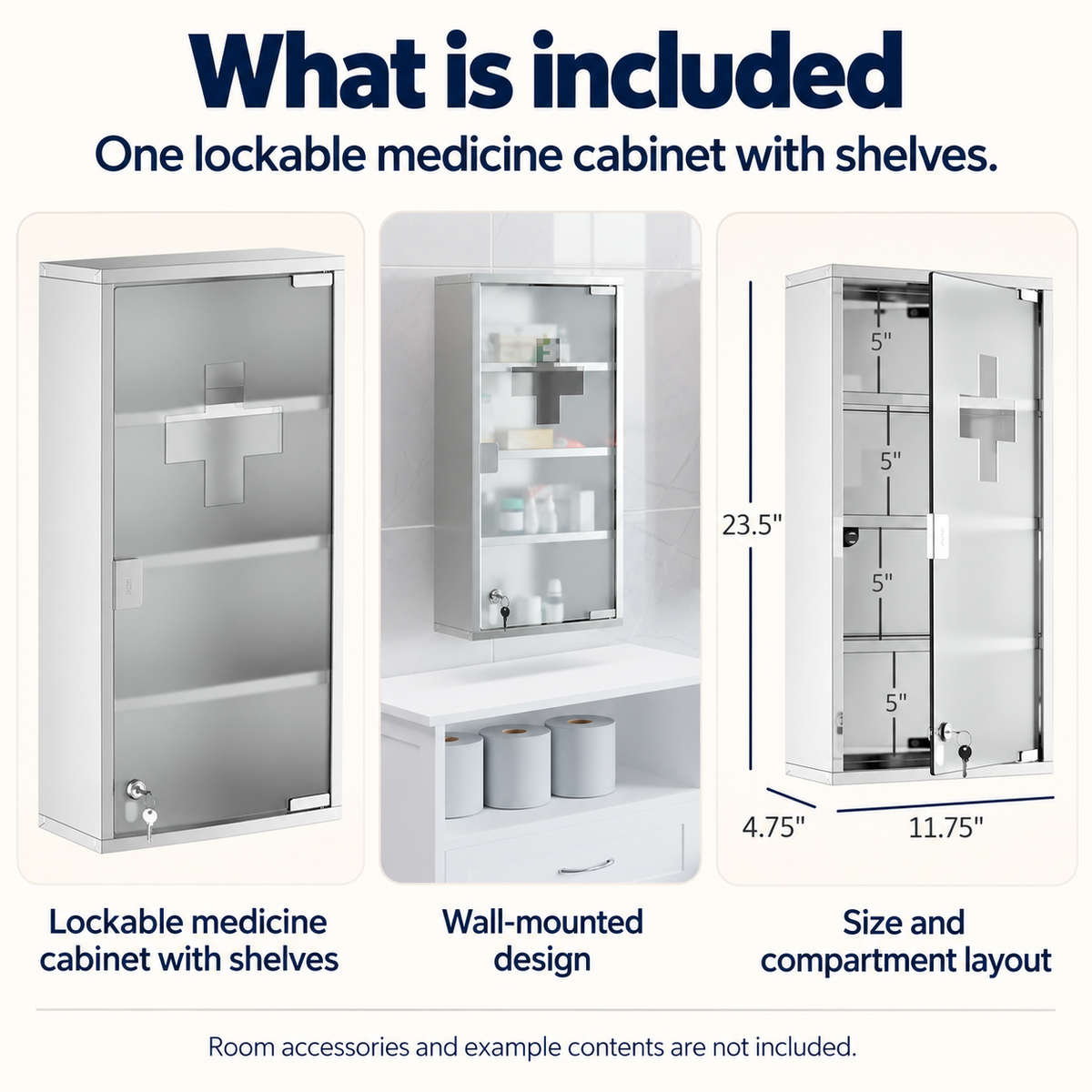 OHMM gallery v2 12 / 5 / package contents — LOCKABLE MEDICINE Cabinet, 12" x 24", 4 Tier, Stainless Steel