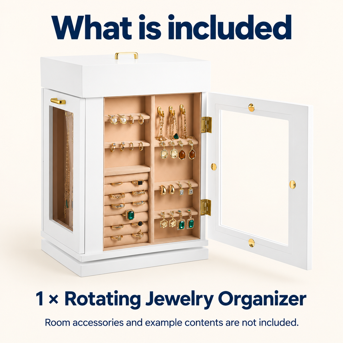 OHMM gallery v2 13 / 5 / package contents — ROTATING JEWELRY Organizer with Magnetic Door, White