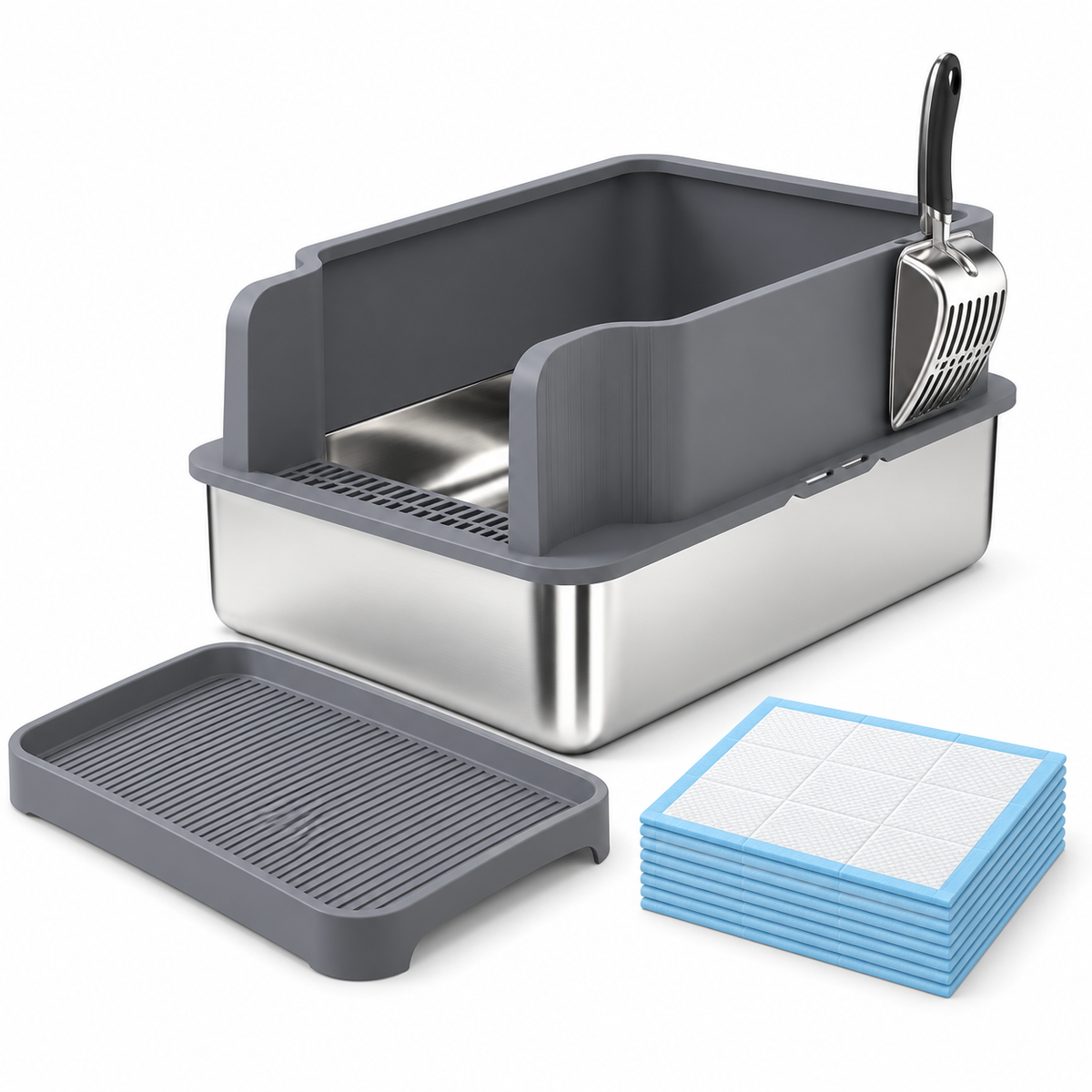OHMM gallery v2 3 / 2 / white product-only packshot — STAINLESS STEEL Sifting Litter Box for Pine Pellets