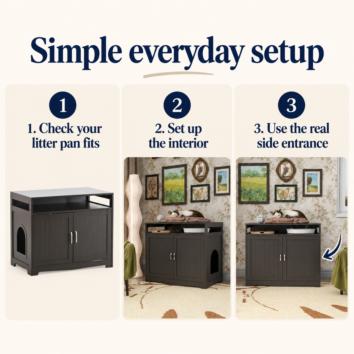 OHMM gallery v2 7 / 6 / everyday setup — TWO-DOOR LITTER Box Enclosure, Espresso
