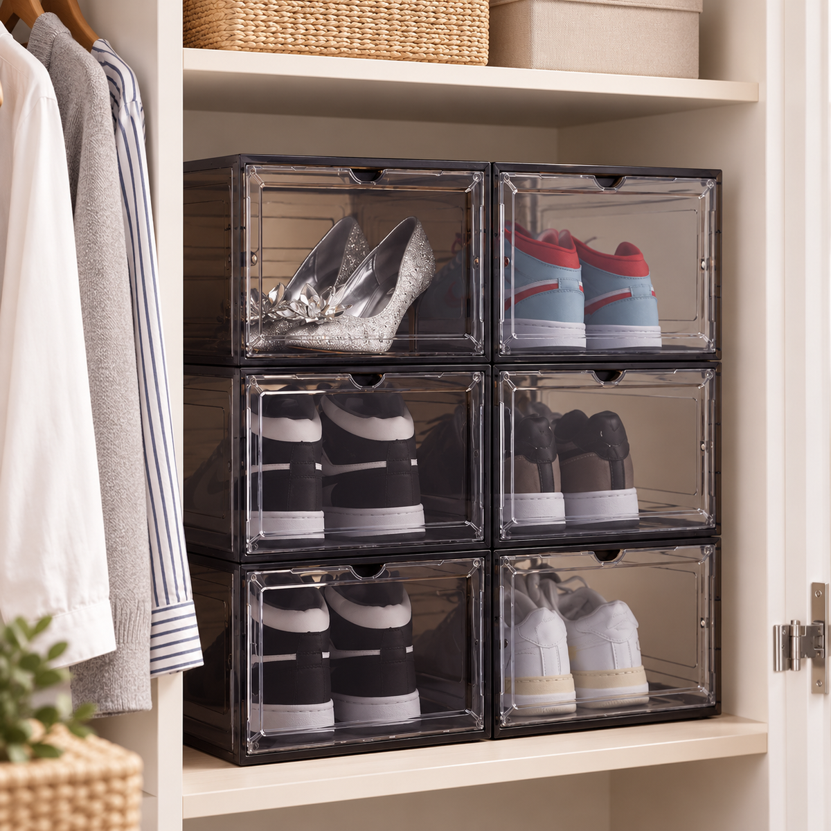 OHMM gallery v2 9 / 1 / lifestyle — SET OF 6 Clear Stackable Shoe Boxes with Magnetic Doors