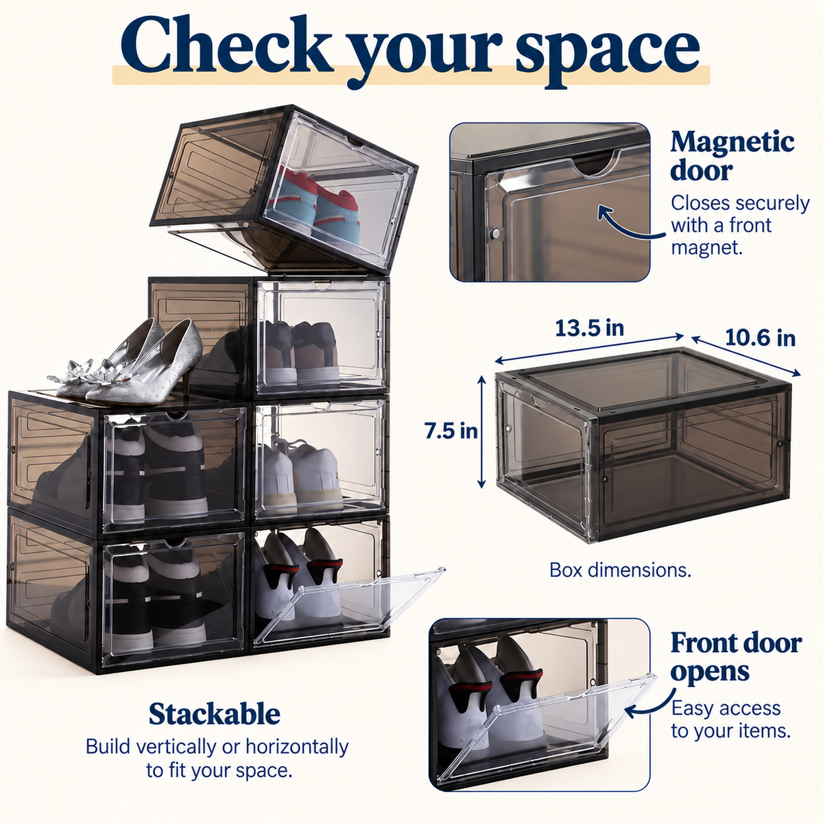 OHMM gallery v2 9 / 4 / fit and details — SET OF 6 Clear Stackable Shoe Boxes with Magnetic Doors
