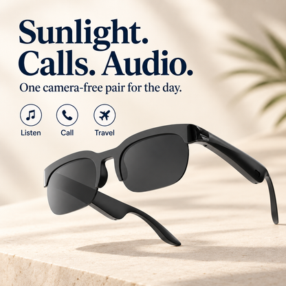 Camera-free smart audio glasses for sunlight calls and travel