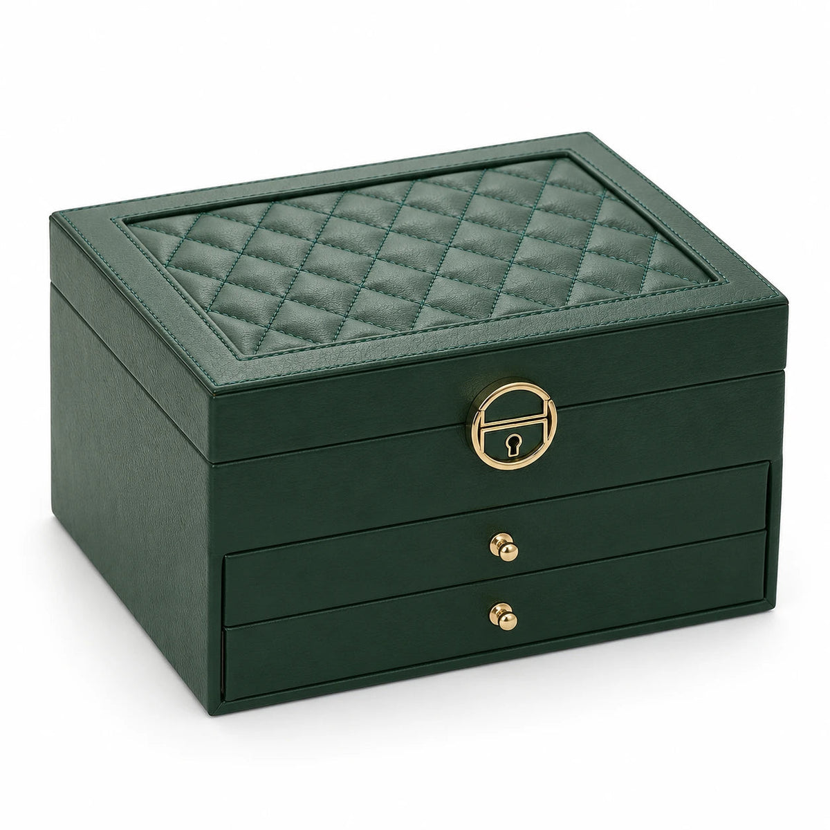 Closed green jewelry organizer with quilted lid, two drawers and gold-tone clasp