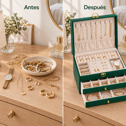 Antes y después de organizar las joyas en un tocador; joyas no incluidas
