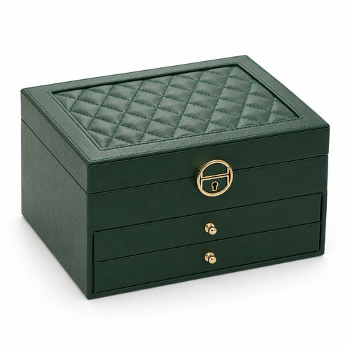 Closed deep green jewelry organizer with quilted lid and two drawers on white