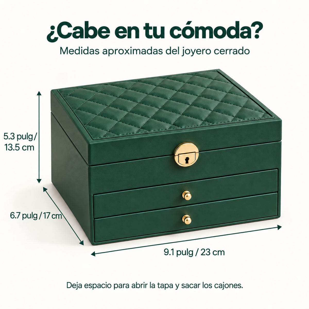 Medidas aproximadas del joyero cerrado: 9.1 por 6.7 por 5.3 pulgadas