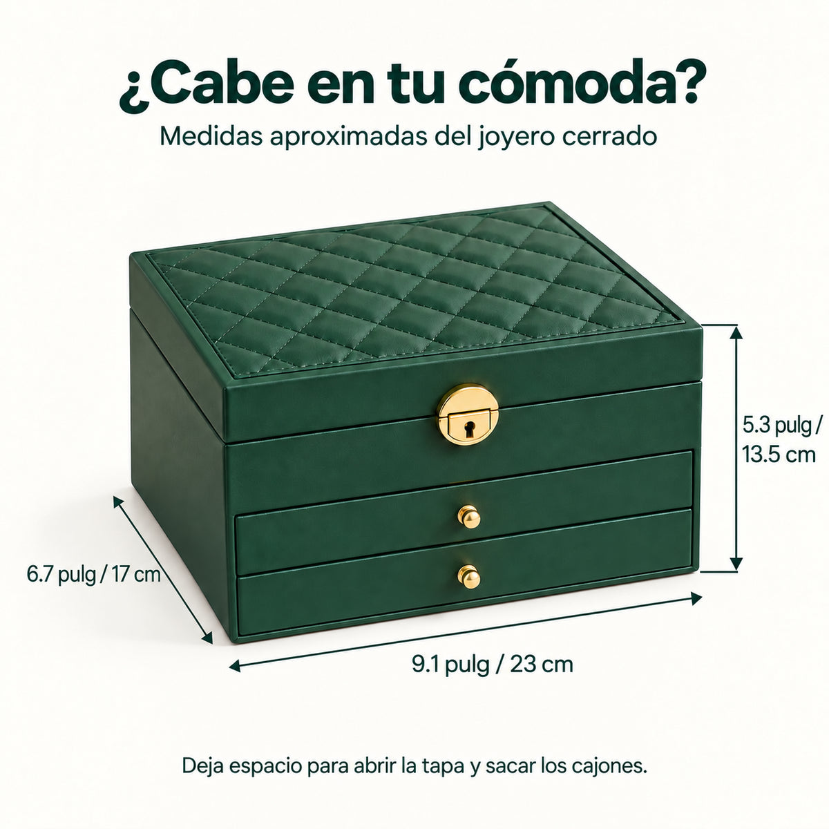 Guía de medidas del joyero verde: 23 por 17 por 13.5 cm