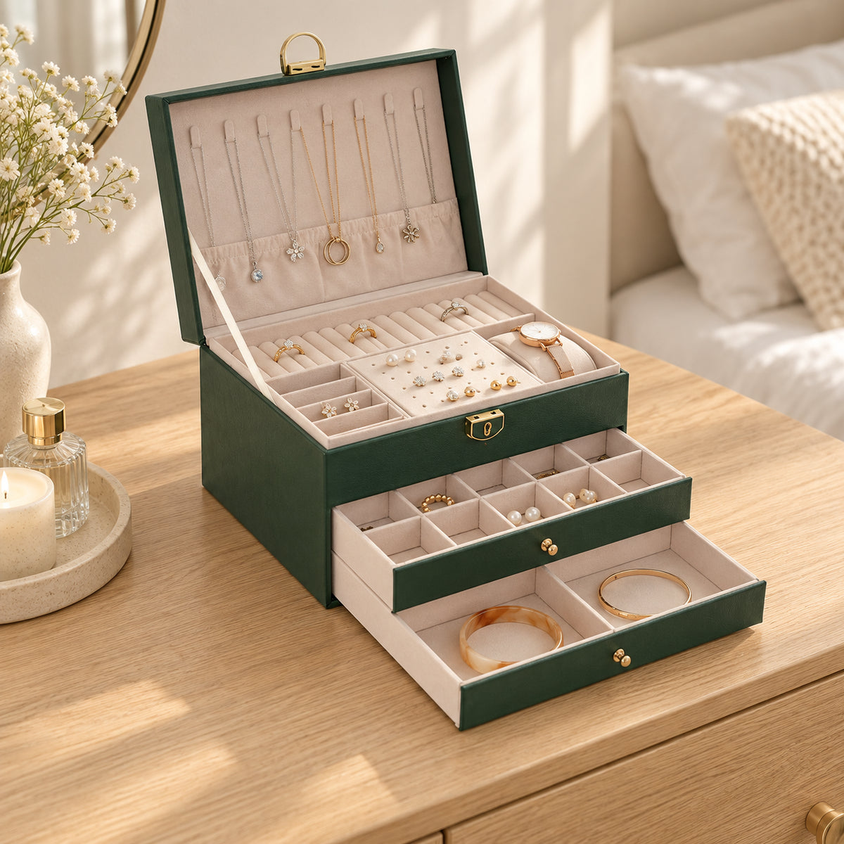 Green jewelry organizer with two open drawers in a bedroom setting; jewelry and decor not included